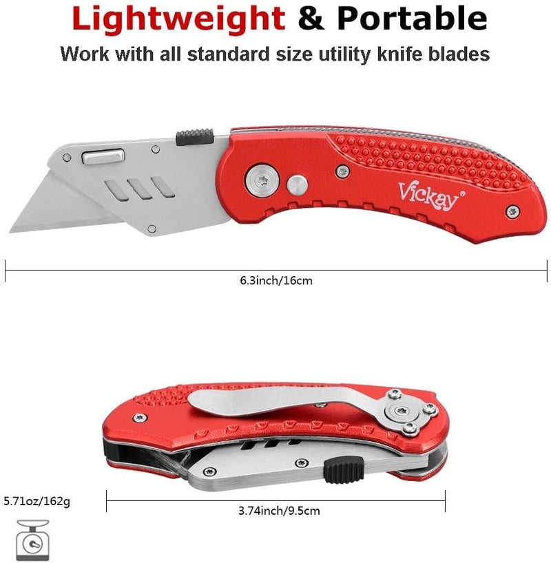 Vickay Box Cutter Folding Utility Knife Heavy Duty with 5 SK5 Quick Change Blades, Safety Axis Lock Design Razor Knife, Lightweight Aluminum Body Belt Clip for Office - Image 3